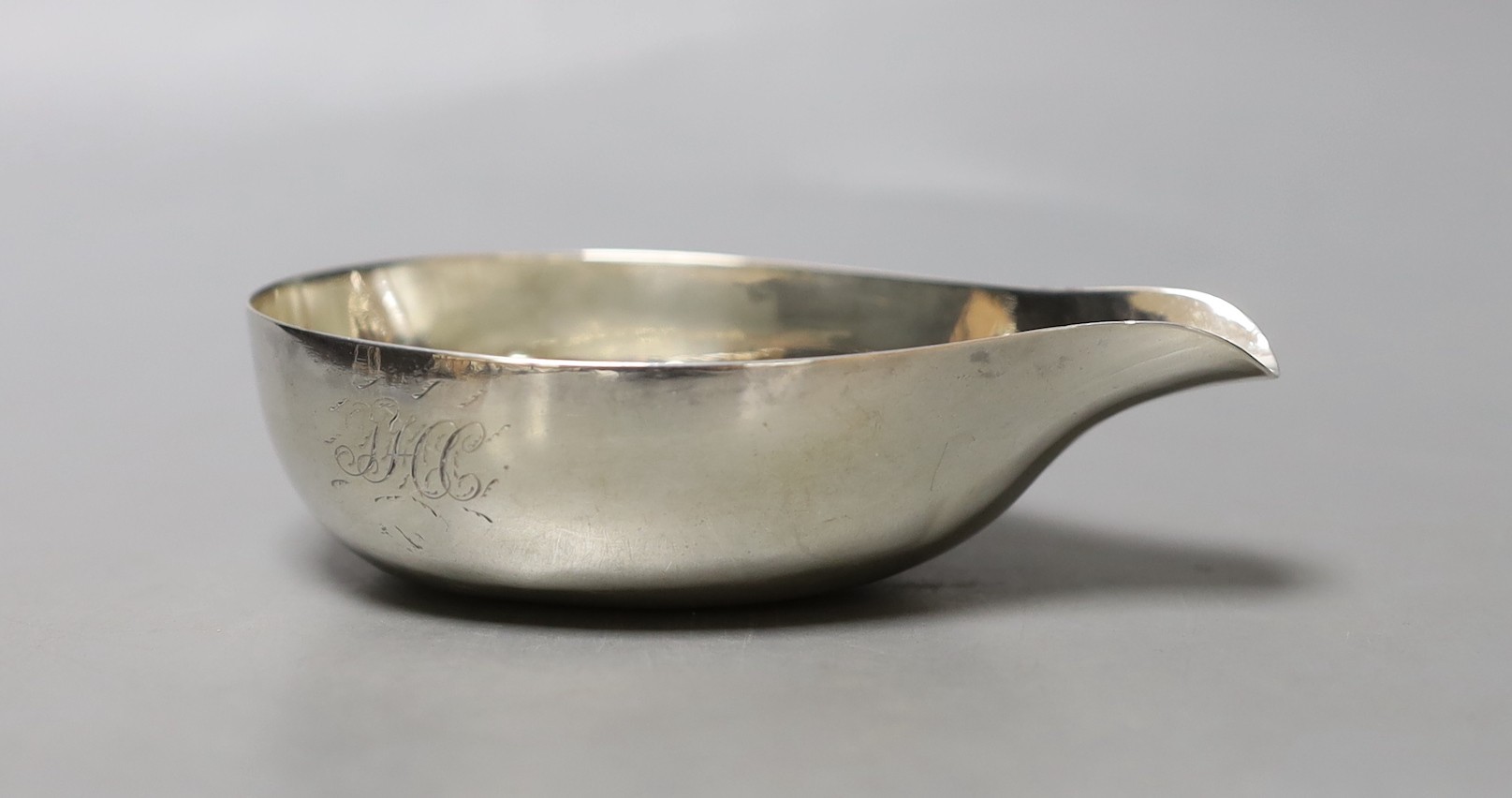 A late George II silver pap boat, Robin Albin Cox?, London, 1757, length 11.1cm, 43 grams.